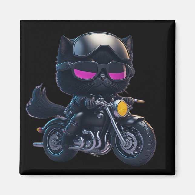Cute Black Cat Riding Motorcycle Magnet (Front)