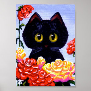 Cute Black Cat Roses Flowers Big Eyes Creationarts Poster