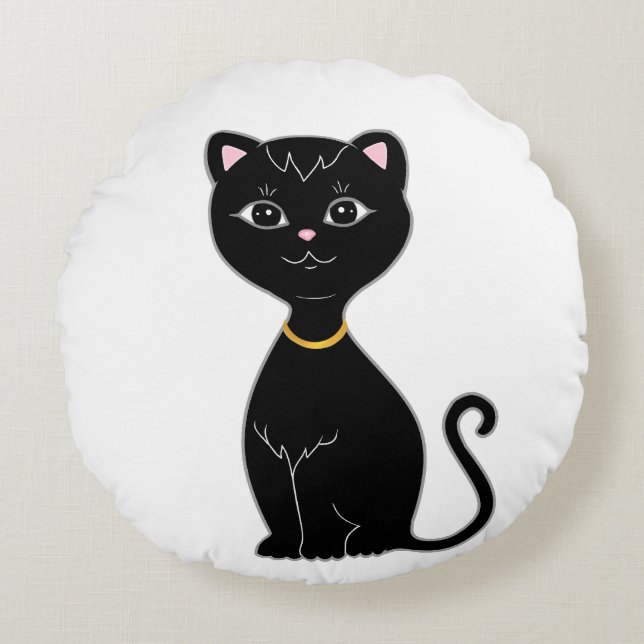 Cute Black Cat Round Cushion (Front)