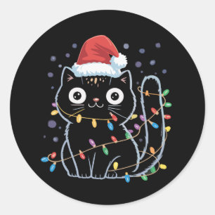 Cute Black Cat Santa Christmas Lights Meow Kitty Classic Round Sticker
