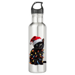 Cute Black Cat Santa Christmas Lights Meow Kitty K 710 Ml Water Bottle