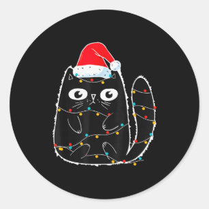 Cute Black Cat Santa Christmas Lights Meow Kitty K Classic Round Sticker