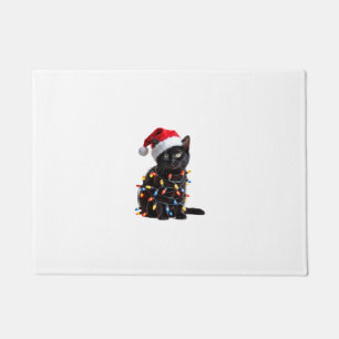 Cute Black Cat Santa Christmas Lights Meow Kitty K Doormat