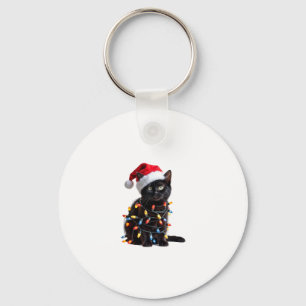 Cute Black Cat Santa Christmas Lights Meow Kitty K Key Ring