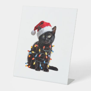 Cute Black Cat Santa Christmas Lights Meow Kitty K Pedestal Sign