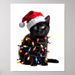 Cute Black Cat Santa Christmas Lights Meow Kitty K Poster