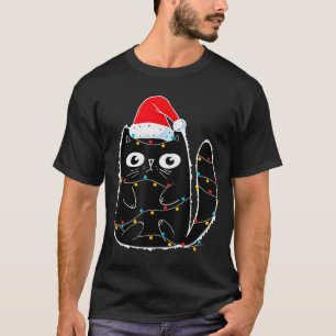 Cute Black Cat Santa Christmas Lights Meow Kitty K T-Shirt