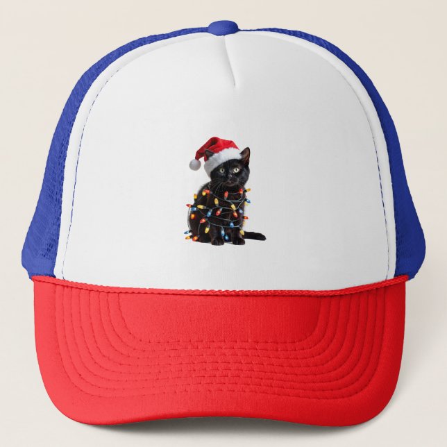 Cute Black Cat Santa Christmas Lights Meow Kitty K Trucker Hat (Front)