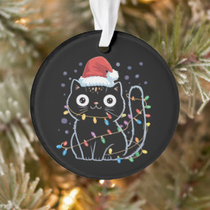 Cute Black Cat Santa Christmas Lights Meow Kitty  Ornament