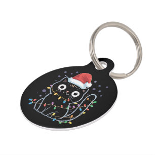 Cute Black Cat Santa Christmas Lights Meow Kitty Pet Tag