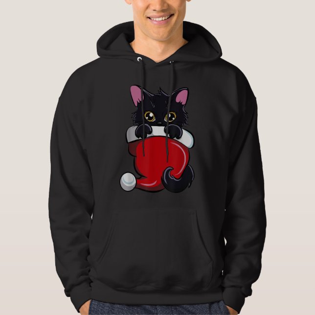 Cute Black Cat Santa Hat Wishing A Meowy Xmas Funn Hoodie (Front)