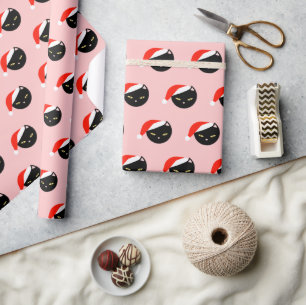 Cute Black Cat Santa Red Pattern Pink Christmas Wrapping Paper