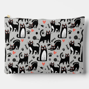 Cute Black Cat Seamless Pattern On A Light Grey Accessory Pouch
