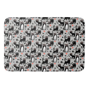 Cute Black Cat Seamless Pattern On A Light Grey Bath Mat