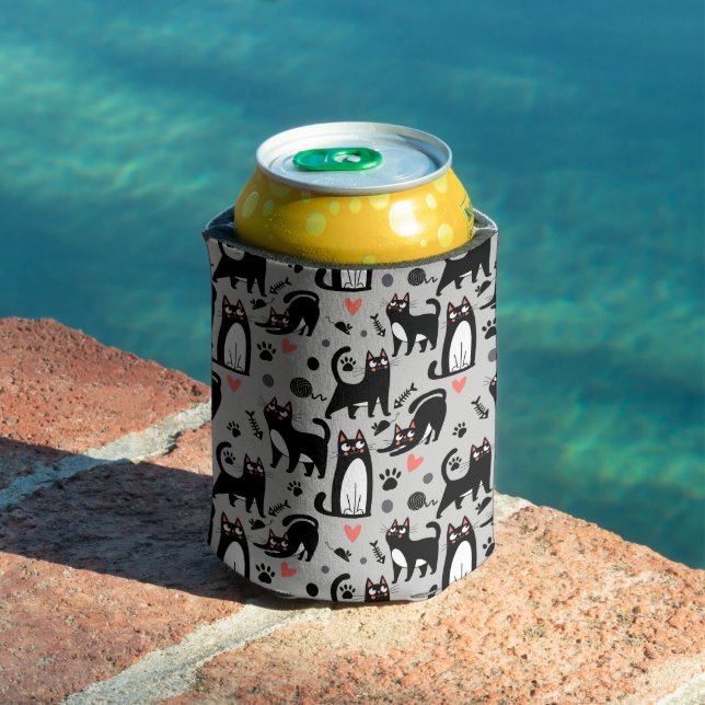 Cute Black Cat Seamless Pattern On A Light Grey Can Cooler (In Situ Pool)