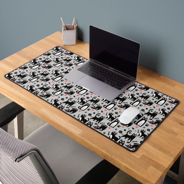 Cute Black Cat Seamless Pattern On A Light Grey Desk Mat (Office 2)