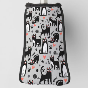 Cute Black Cat Seamless Pattern On A Light Grey Golf Head Cover