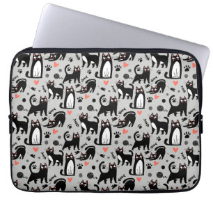 Cute Black Cat Seamless Pattern On A Light Grey Laptop Sleeve