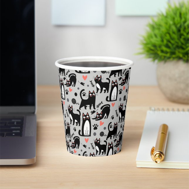 Cute Black Cat Seamless Pattern On A Light Grey Paper Cups (Insitu)