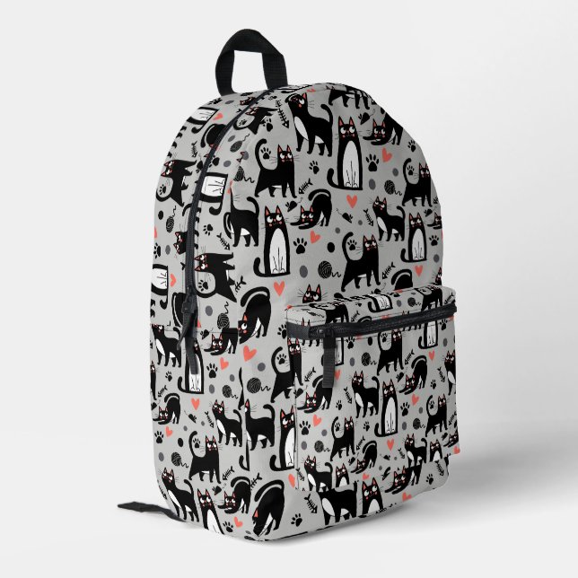 Cute Black Cat Seamless Pattern On A Light Grey Printed Backpack (Back Corner Left)