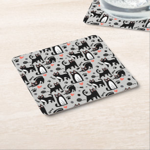 Cute Black Cat Seamless Pattern On A Light Grey Square Paper Coaster