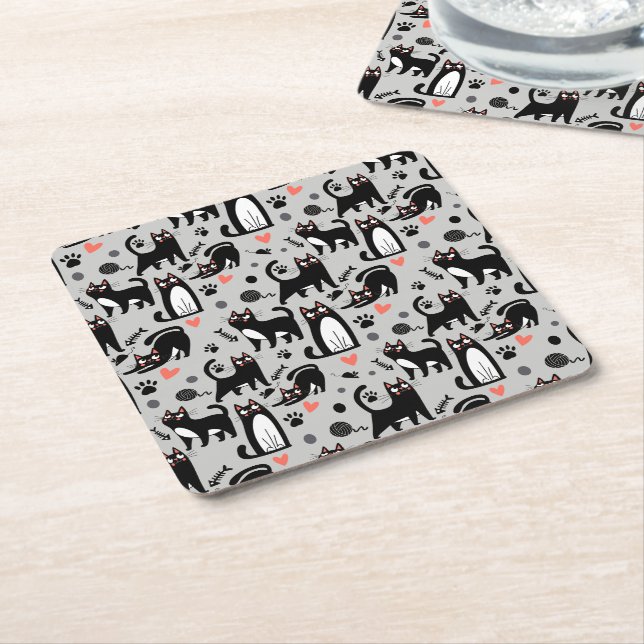 Cute Black Cat Seamless Pattern On A Light Grey Square Paper Coaster (Angled)