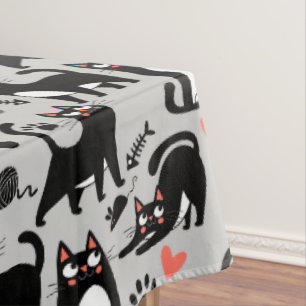 Cute Black Cat Seamless Pattern On A Light Grey Tablecloth