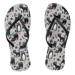 Cute Black Cat Seamless Pattern On A Light Grey Thongs