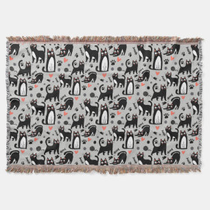 Cute Black Cat Seamless Pattern On A Light Grey Throw Blanket