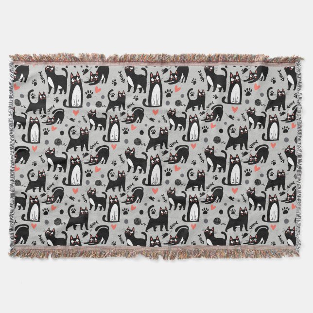Cute Black Cat Seamless Pattern On A Light Grey Throw Blanket (Front)