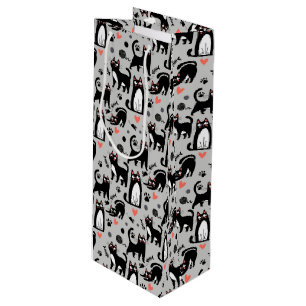 Cute Black Cat Seamless Pattern On A Light Grey Wine Gift Bag