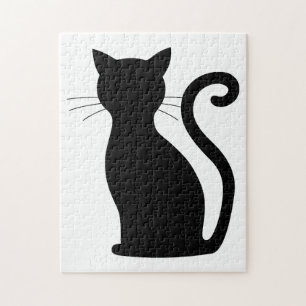 Cute Black Cat Silhouette Fun Black and White Jigsaw Puzzle