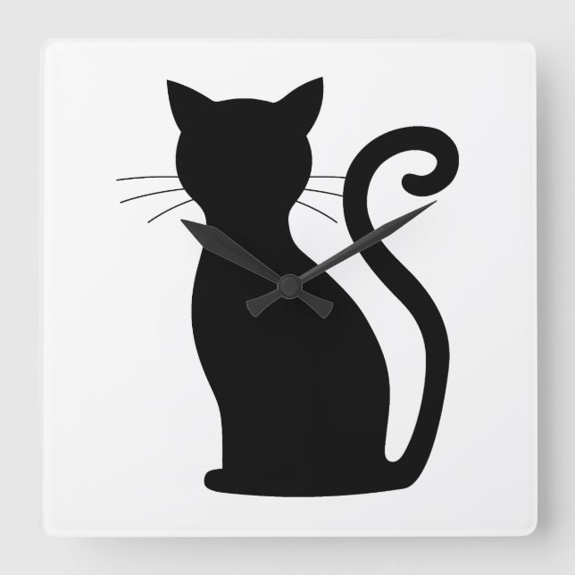 Cute Black Cat Silhouette Fun Black and White Square Wall Clock (Front)