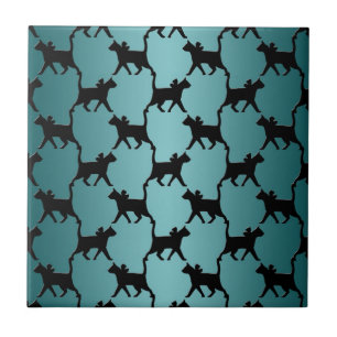 Cute Black Cat Silhouette Pattern on Teal Ceramic Tile