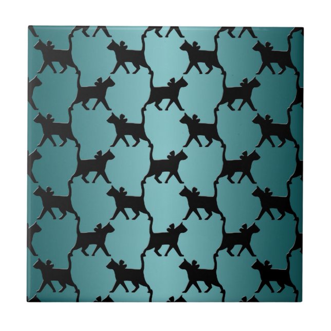 Cute Black Cat Silhouette Pattern on Teal Ceramic Tile (Front)