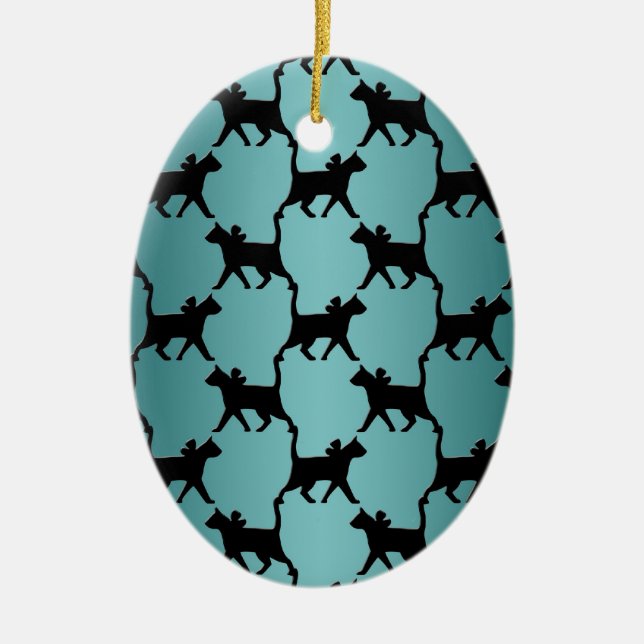 Cute Black Cat Silhouette Pattern on Teal Ceramic Tree Decoration (Front)