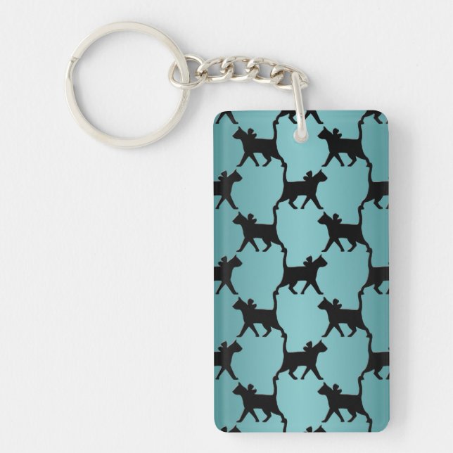 Cute Black Cat Silhouette Pattern on Teal Key Ring (Front)