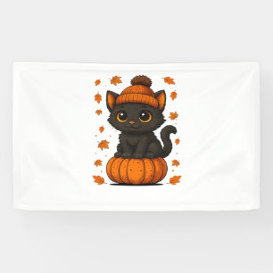 Cute Black Cat Sitting on Pumpkin Fall Aesthetic A Banner
