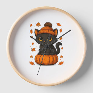Cute Black Cat Sitting on Pumpkin Fall Aesthetic A Clock