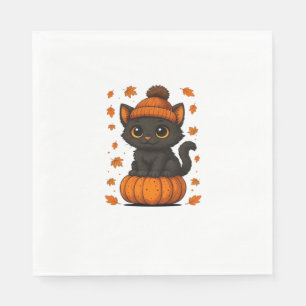 Cute Black Cat Sitting on Pumpkin Fall Aesthetic A Napkin