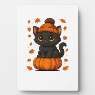 Cute Black Cat Sitting on Pumpkin Fall Aesthetic A Plaque