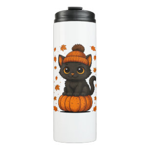 Cute Black Cat Sitting on Pumpkin Fall Aesthetic A Thermal Tumbler