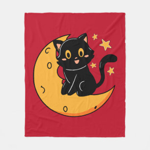 Cute black cat sitting on the moon fleece blanket