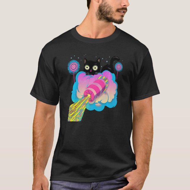 Cute Black Cat Space Rocket T-Shirt (Front)