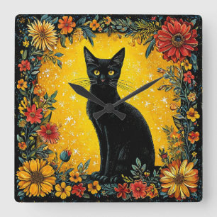 Cute black cat square wall clock