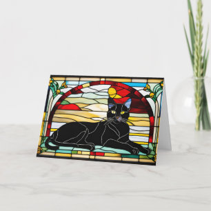 Cute Black Cat Stained Glass Card