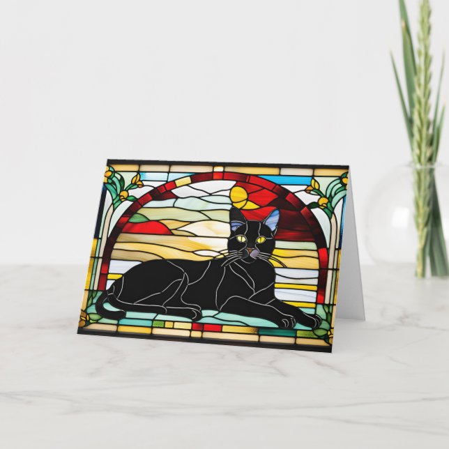 Cute Black Cat Stained Glass Card (Front)