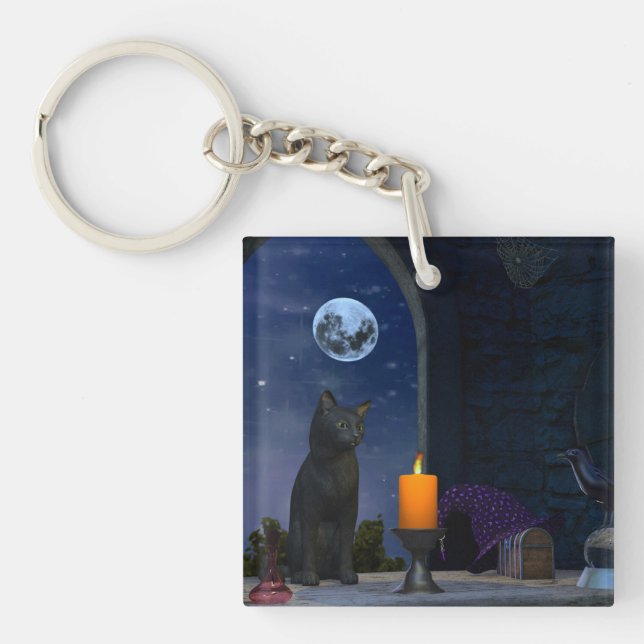 Cute Black Cat Staring at a Candle Key Ring (Front)