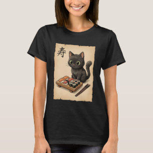 Cute Black Cat Sushi Cartoon Japanese Kawaii Anime T-Shirt