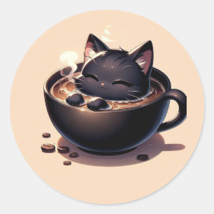 Cute black cat swim into coffee mug greeting card classic round sticker